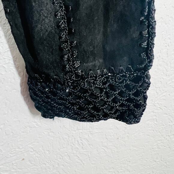 Vintage Suede Crochet Patchwork Jacket Shacket Black Knit Square Button Front S - Picture 10 of 12